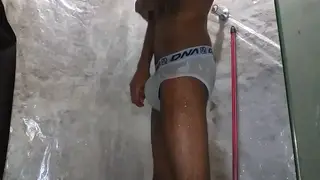 Muscular Guy Shows Bulge in White Underwear in Bathroom