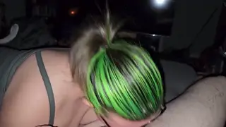 Green-Haired BBW Wife Delivers Passionate Blowjob to Her Man