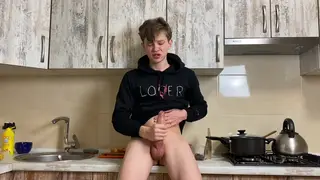 European Teen Strokes Big Cock in Kitchen Solo