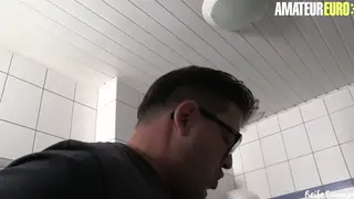 Busty Blonde Cheats in Bathroom Threesome