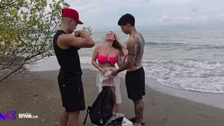 Busty Latina Threesome Explodes on Sunny Beach