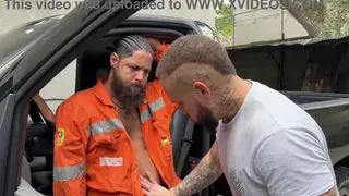 Hairy Bear Mechanics Share a Tattooed Bottom Outdoors