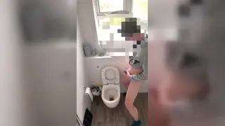 European Teen Pisses and Strokes in Bathroom