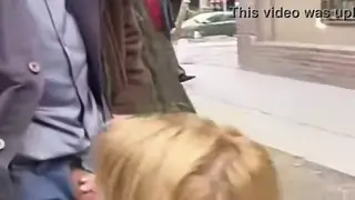 Blonde Kneels for Street Blowjob and Handjob Finish