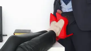 Secretary in Stockings Gets Footjob and Blowjob at Office Desk