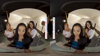 Blonde and Brunette Share Their Boss in a VR Office Threesome