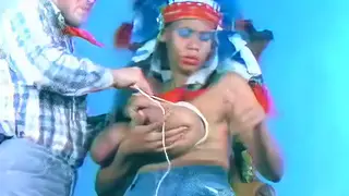 Busty Ebony Babe Performs Titjob and Blowjob in Bondage Cosplay