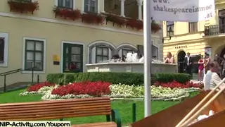 Blonde European Flashes Outdoors in Public Nudity Clip
