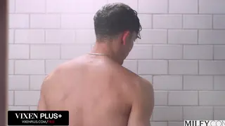 Busty Milf Gives a Steamy Shower Blowjob Before Riding Hard