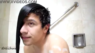 Latino Twink Washes Long Hair in Bathroom Fetish Clip