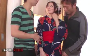 Asian Wife Joins a Steamy Kimono Threesome with Blowjobs