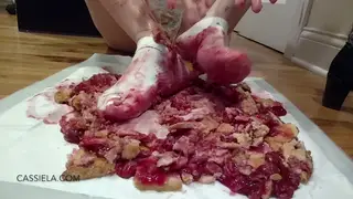 Woman Smashes Red Pies Barefoot in White Socks