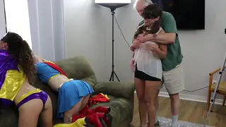 Tattooed Women Strap-On Fuck in Femdom Superhero Orgy