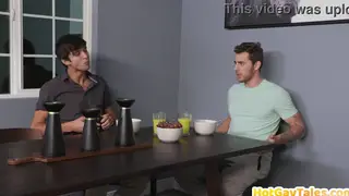 Latino Studs Share Bareback Threesome in Living Room