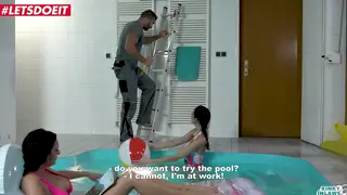 Stepdaughter and Stepmom Share a Handyman by the Pool