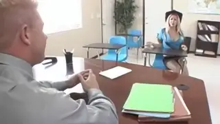 Busty Blonde Schoolgirl Seduces Teacher at Desk