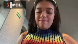 Latina Waitress Serves Police Officer Outdoors POV