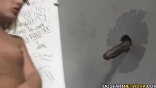 Blonde Takes Two BBCs Through Gloryhole for Intense Interracial Session