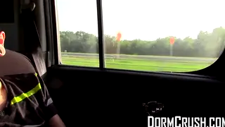 Tattooed Student Strokes Big Cock in Car