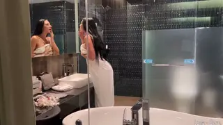 Curvy Brunette MILF Serves Neighbor In Hotel Bathroom