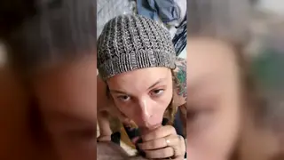 Tattooed Wife Gives Sloppy Blowjob for Facial