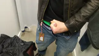 Leather-Clad Guy Strokes Hard in a Fitting Room