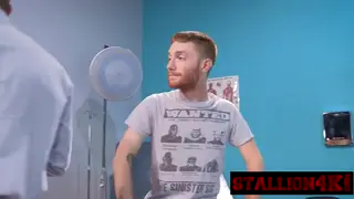 Muscular Doctor Examines Slender Patient in Clinical Setting