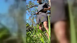 Muscular Latino Student in Lingerie Jerks Outdoors to Big Cumshot