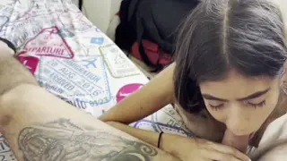 Stepsister Delivers Sloppy Blowjob While Husband Watches Nearby