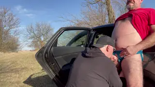 Mature Bear Couple Fucks Bareback Outdoors and in Car