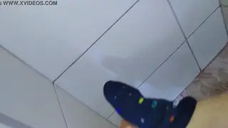 Skinny Teen Shows Off Dirty Feet and Blue Socks After Work
