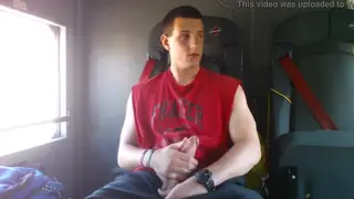 Muscular Firefighter Strokes His Big Cock in the Truck