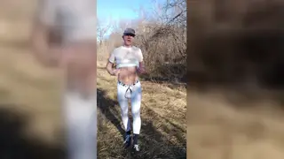 European Guy Pisses Outdoors While Toy Stretches Him