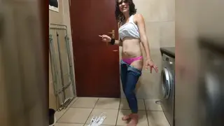 Brunette in Lingerie Smokes Then Pisses Herself in Jeans