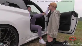 European Femdom Makes Stepbrother Worship Feet Outdoors
