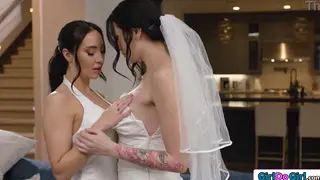 Tattooed Brunette MILF Licks Petite Pussy in Wedding Dress