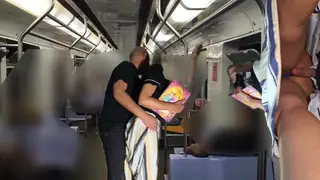 Teen Student Gives a Handjob Under Her Skirt on the Train