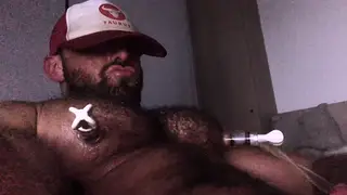 Hairy Bear Works His Pumped Nipples and Pisses on Cam