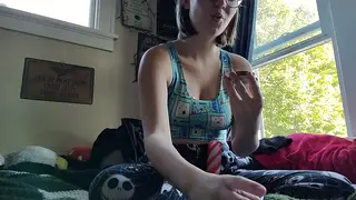 Teen in Glasses Smokes Weed and Masturbates in Pajamas