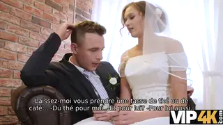 European Bride Shares Intimate Moment While Husband Observes