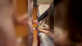 Mature MILF Jerks Her Boyfriend Off onto Her Feet