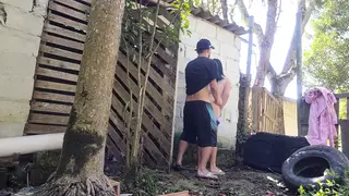 Tattooed Latina Wife Meets Bricklayer Outdoors