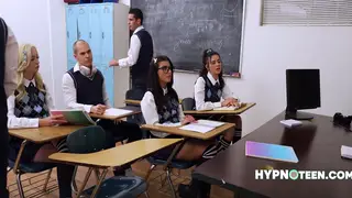 Blonde and Brunette Students Share Freeuse Classroom Session