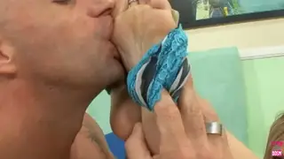 Blonde Babe Delivers Footjob and Blowjob Combo