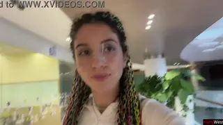 Petite Brunette Gives Public Blowjob and Facial in Mall