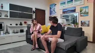 European Stepmom in Stockings Gives Stepson Blowjob and Handjob