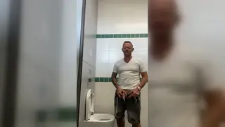 Tattooed Asian Guy Pisses in a Public Restroom