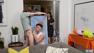 Living Room Threesome Ends with Messy Facial