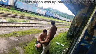 Muscular Latino Stud Takes a Black BBC Bareback on a Railway Platform