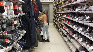 Blonde Flashes Perky Tits While Trying Jeans in Store
